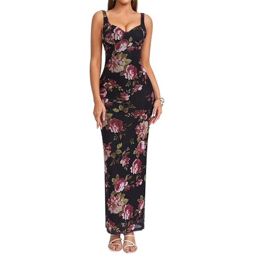 NWT HTZMO Women Casual Summer Floral Maxi Dress Black‎ Medium
